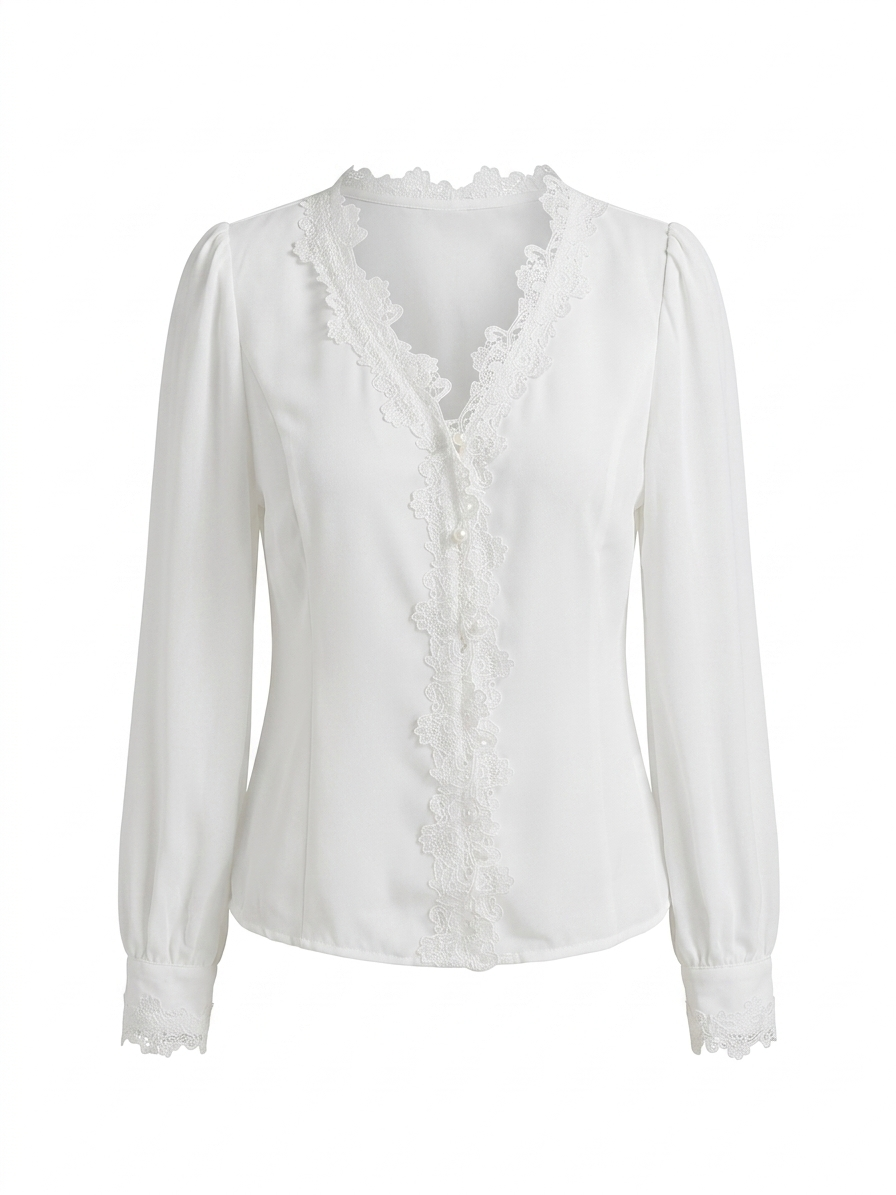 Lace-Trim Button-Up Blouse