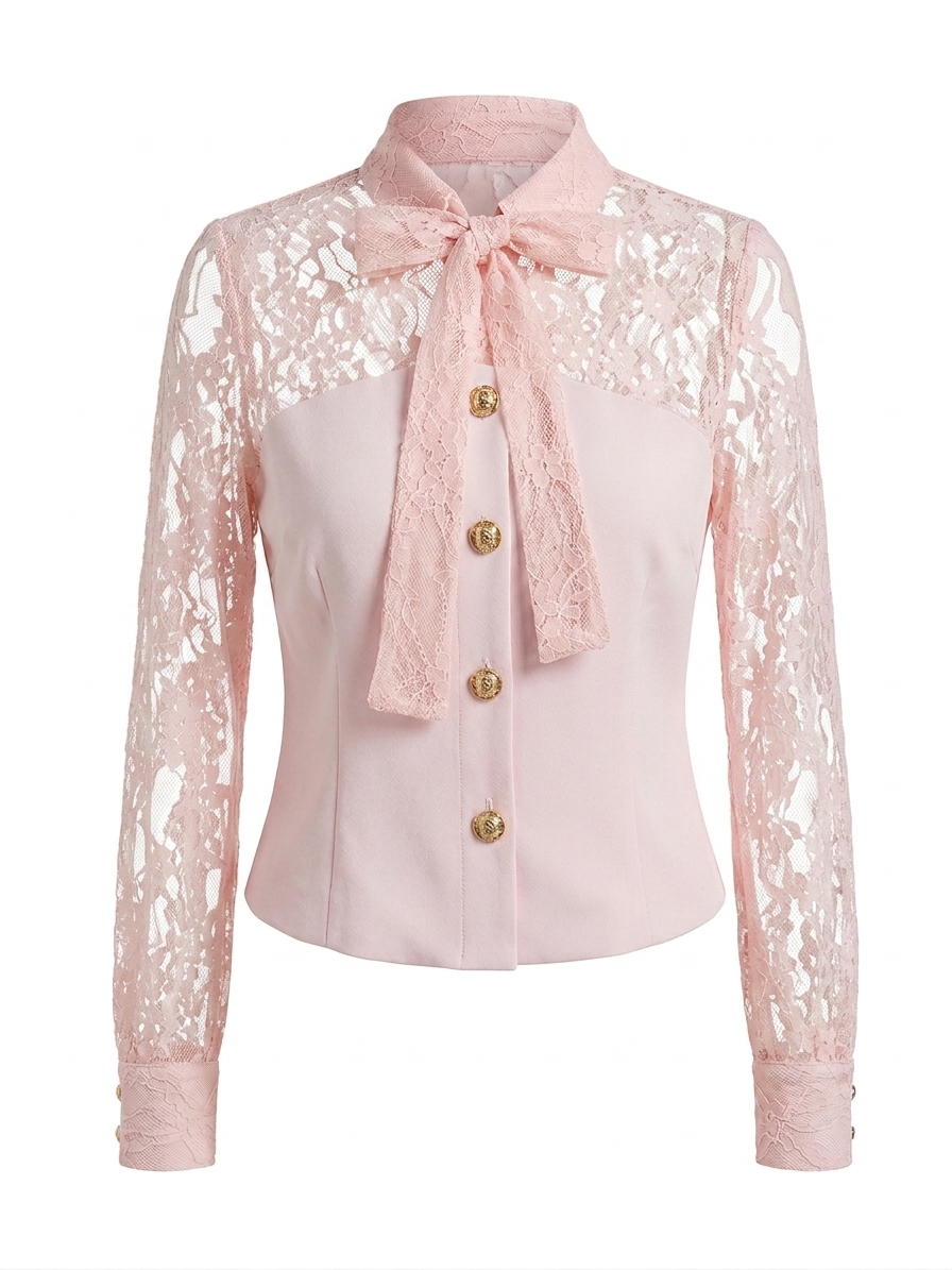 Lace Shirt with Tie-Neck Detail