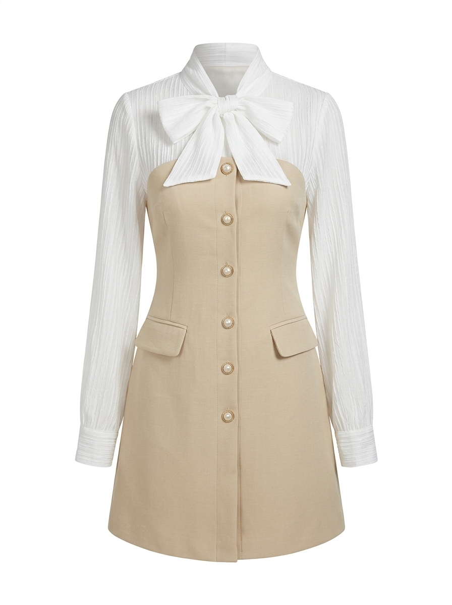 Chiffon Sleeve Button-Front Mini Dress with Neck Bow