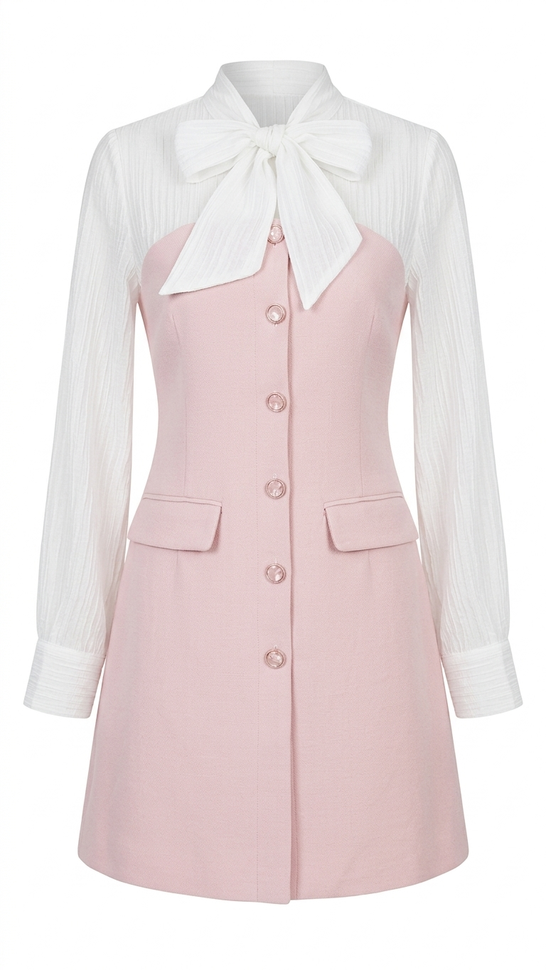 Chiffon Sleeve Button-Front Mini Dress with Neck Bow