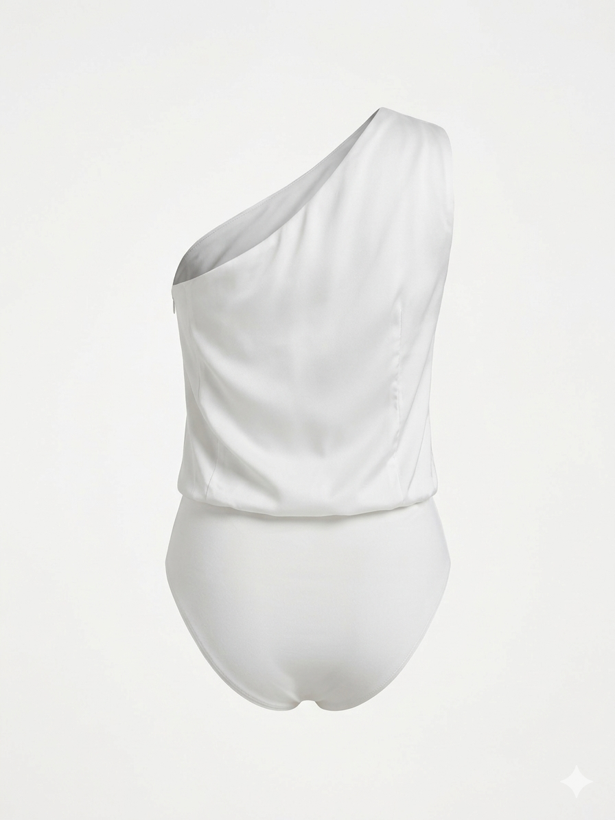 One-Shoulder Satin Bodysuit with Gold Detail