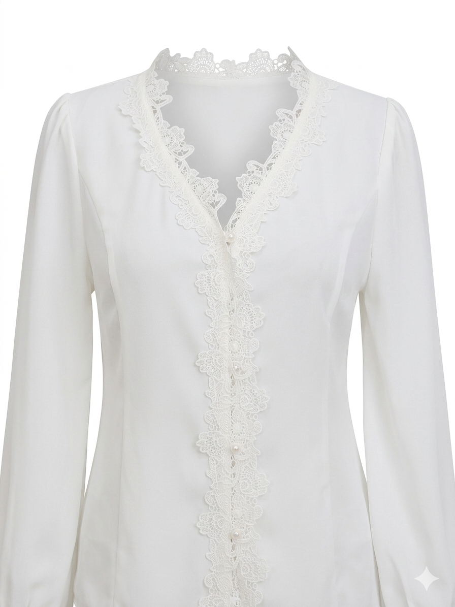 Lace-Trim Button-Up Blouse