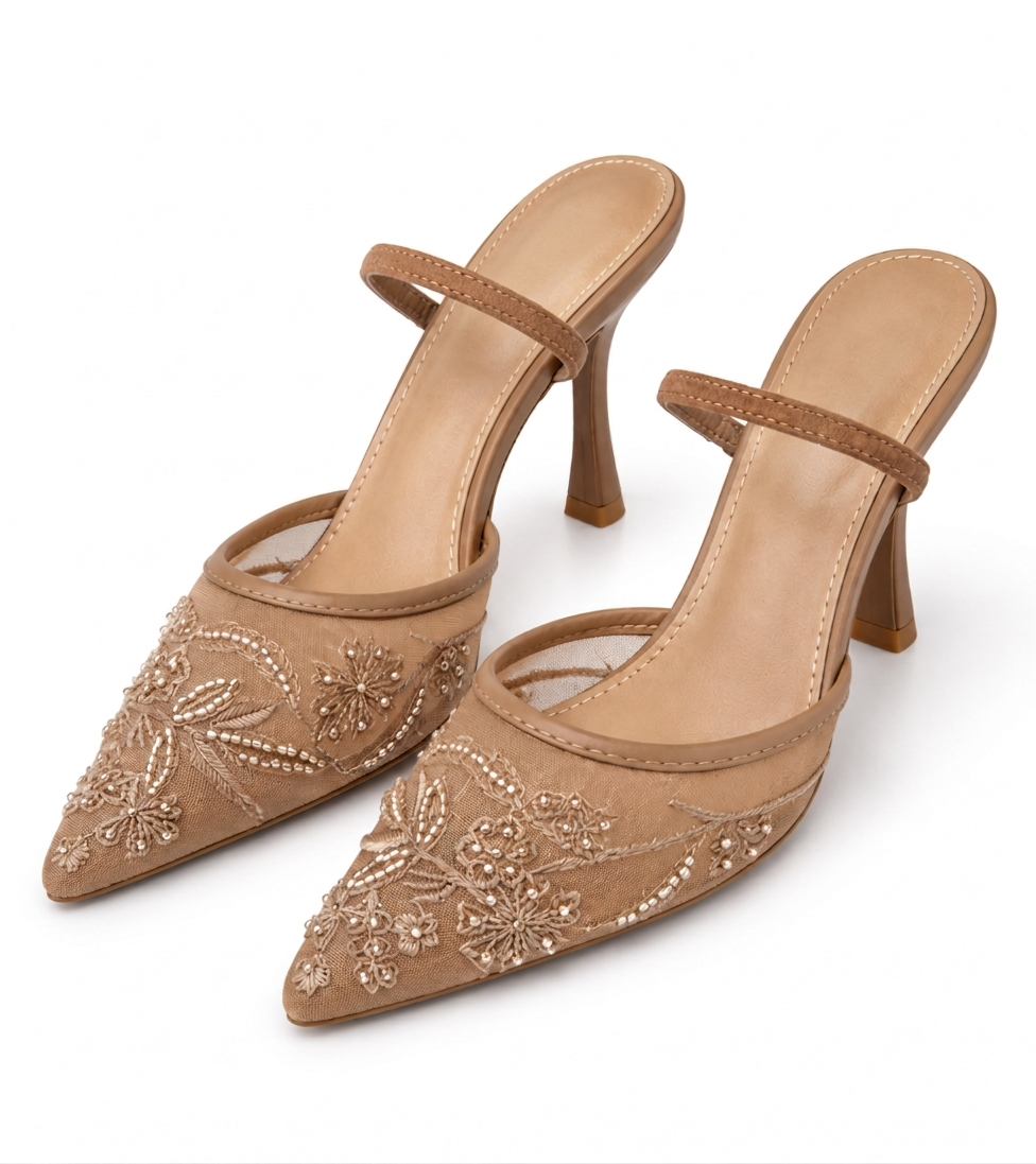 Mesh Pointed Toe Mule Heels