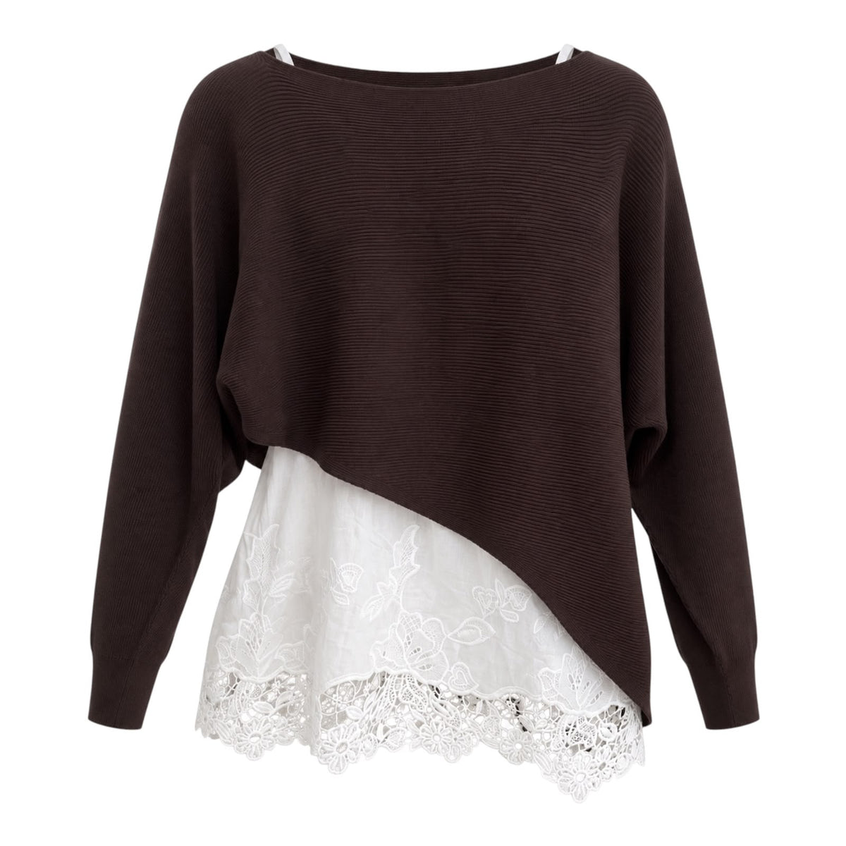 חולצת סריג משולבת תחרה בגזרה אסימטרית