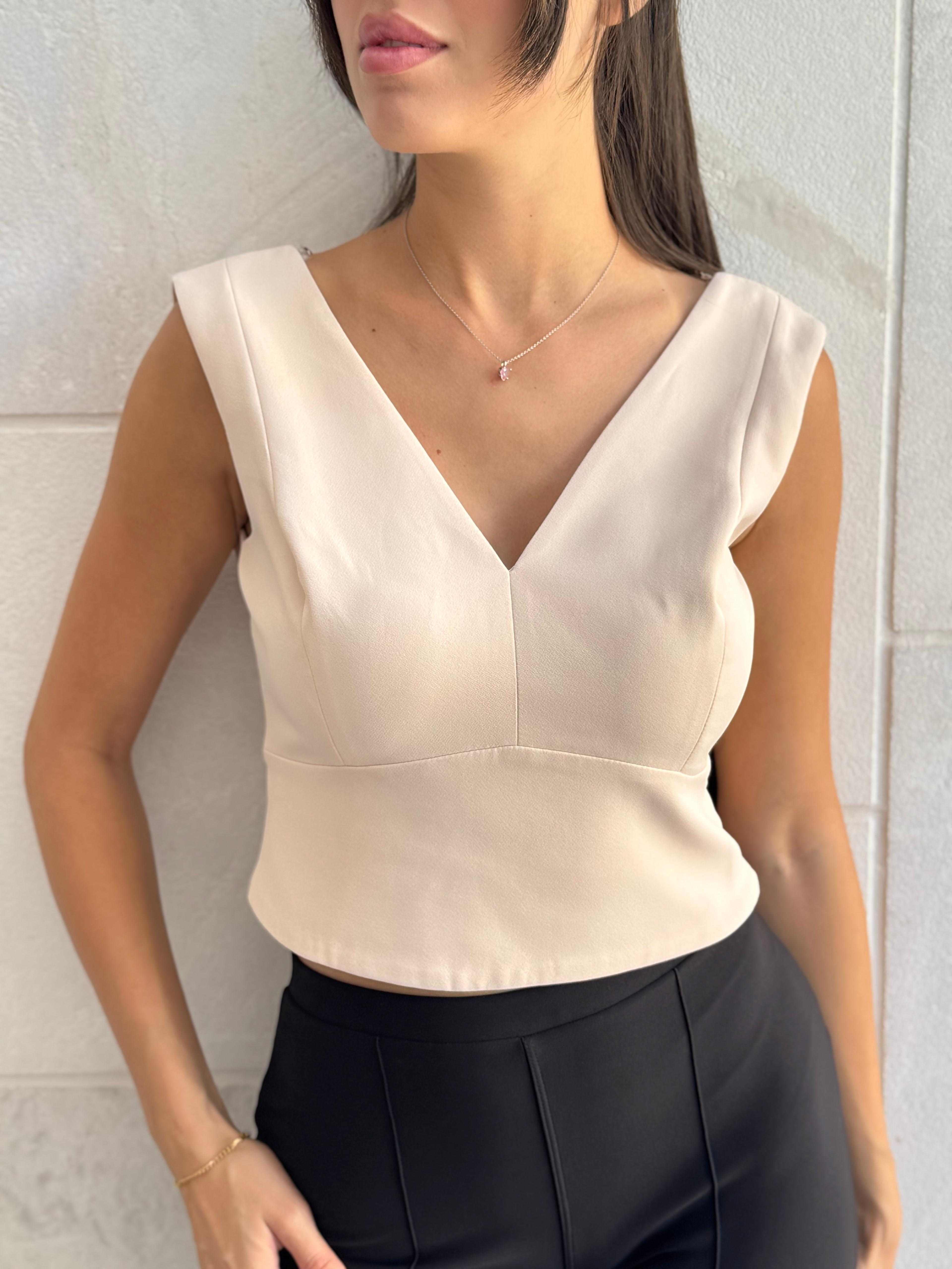 Sleeveless V-Neck Blouse with Back Bow and Chain Detail