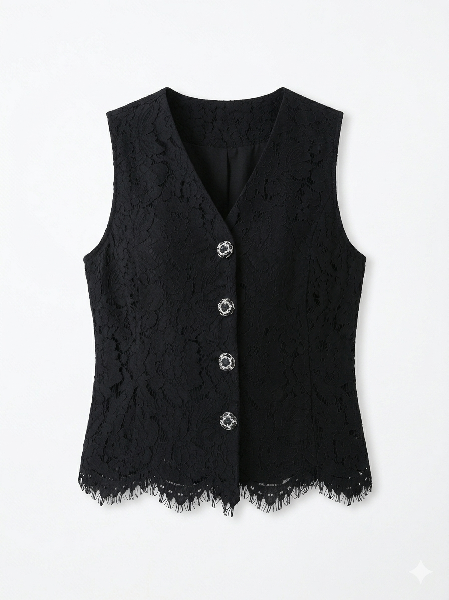 Black Lace Button Vest