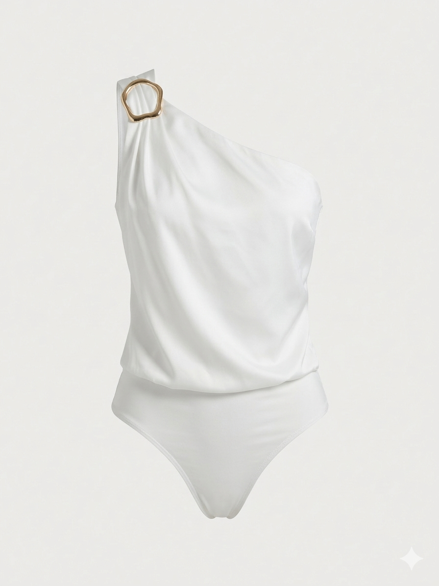 One-Shoulder Satin Bodysuit with Gold Detail