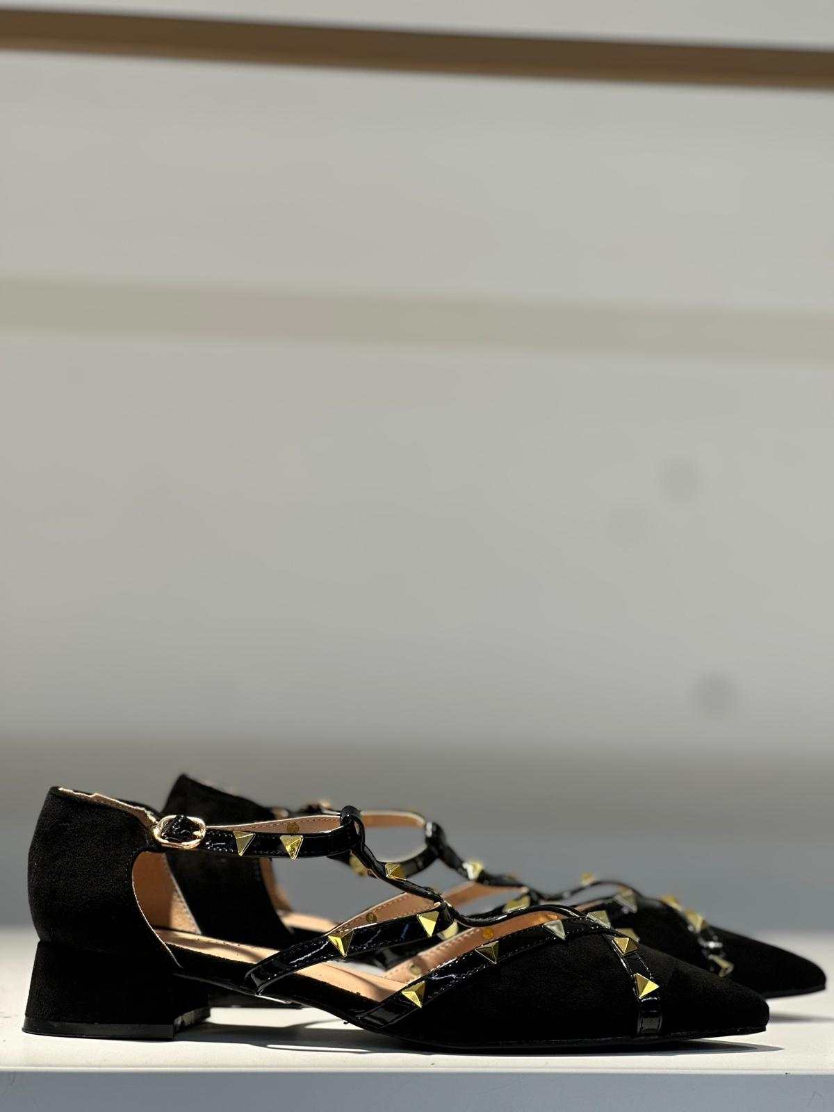Studded T-Strap Pointed Toe Flats