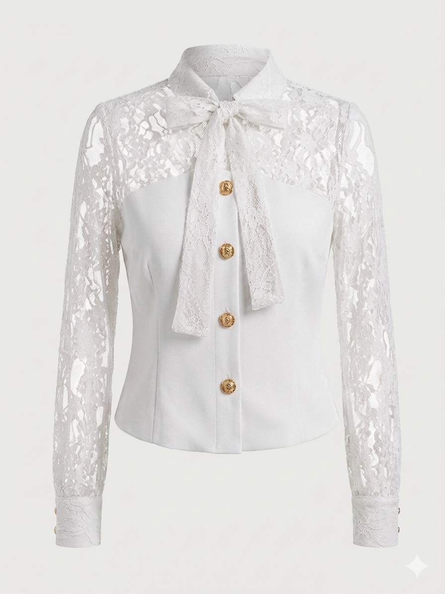 Lace Shirt with Tie-Neck Detail