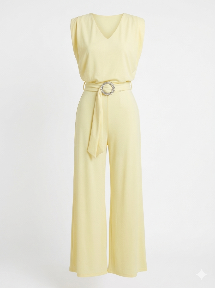 Yellow Flared Jumpsuit with Waist Belt