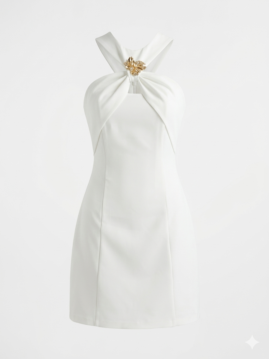 White Halter Mini Dress with Gold Hardware