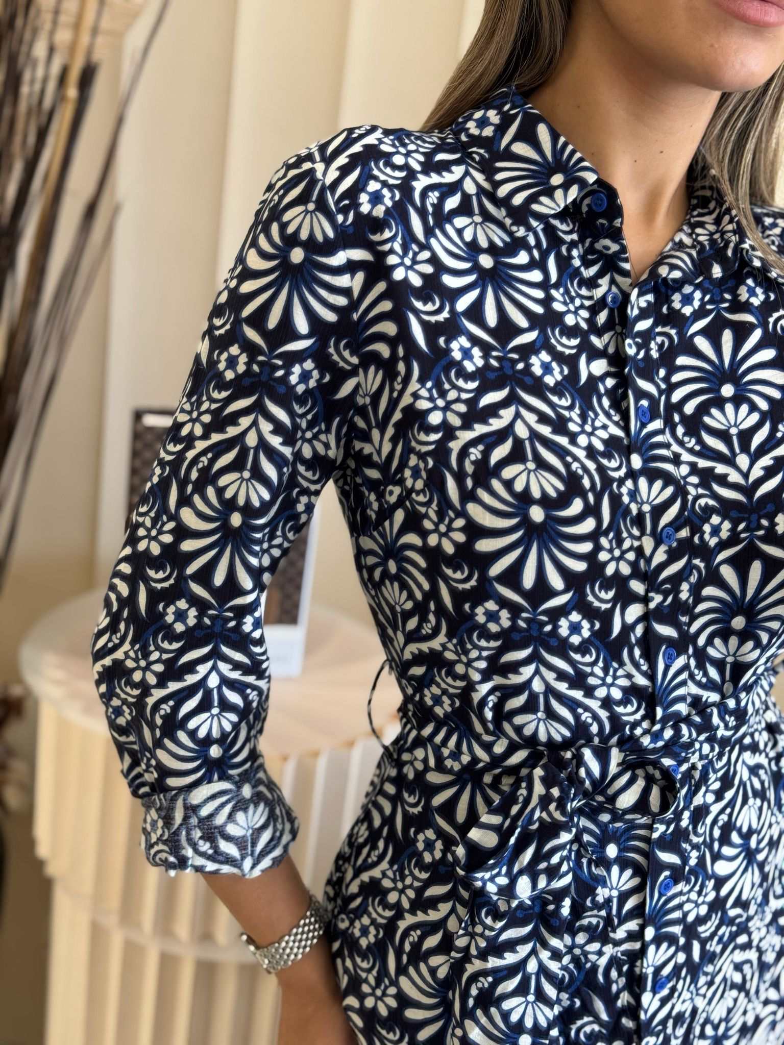 Printed Long Sleeve Button-Down Maxi Dress
