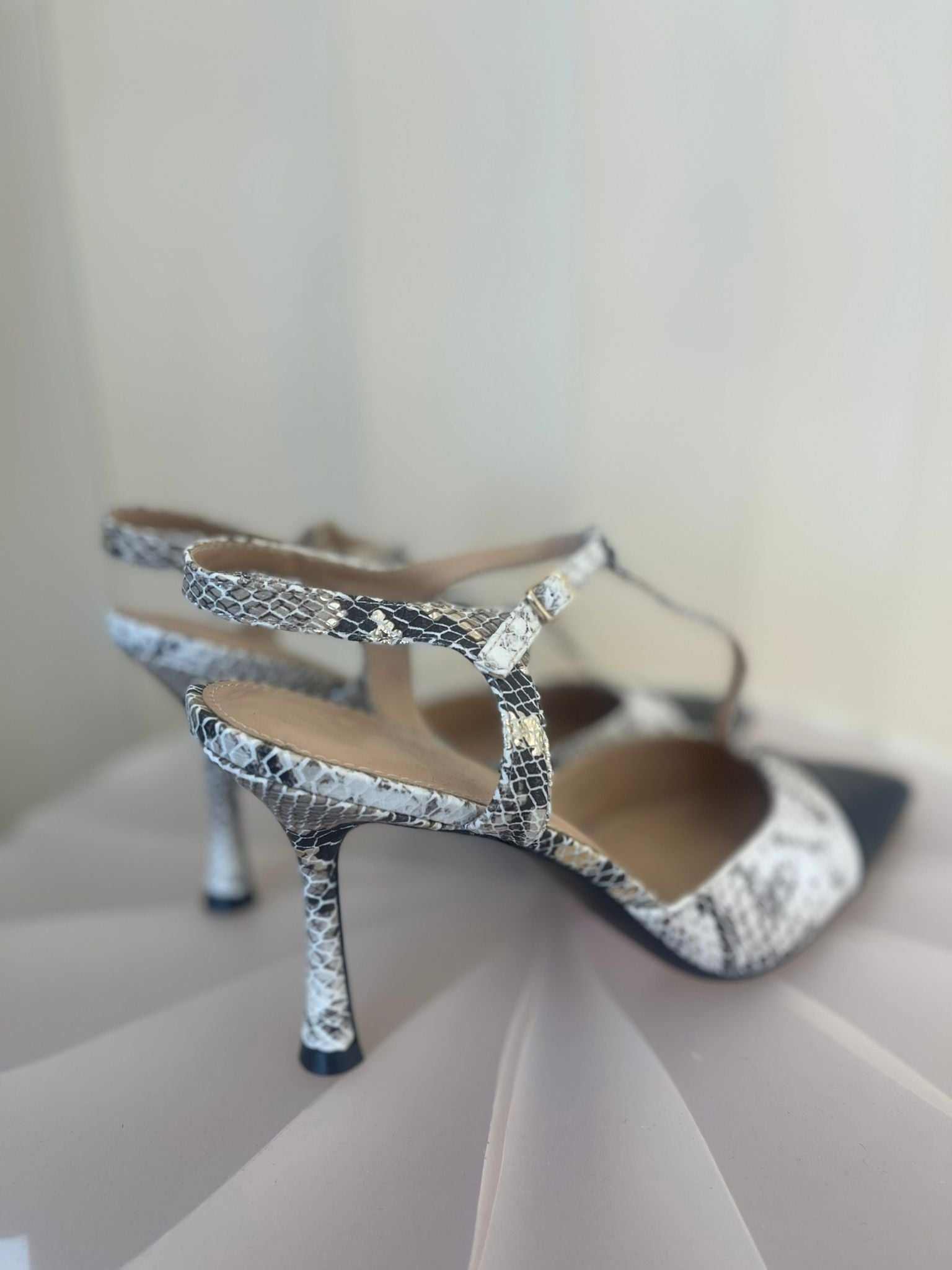 Slingback Snakeskin Print Heels with Contrast Cap-Toe