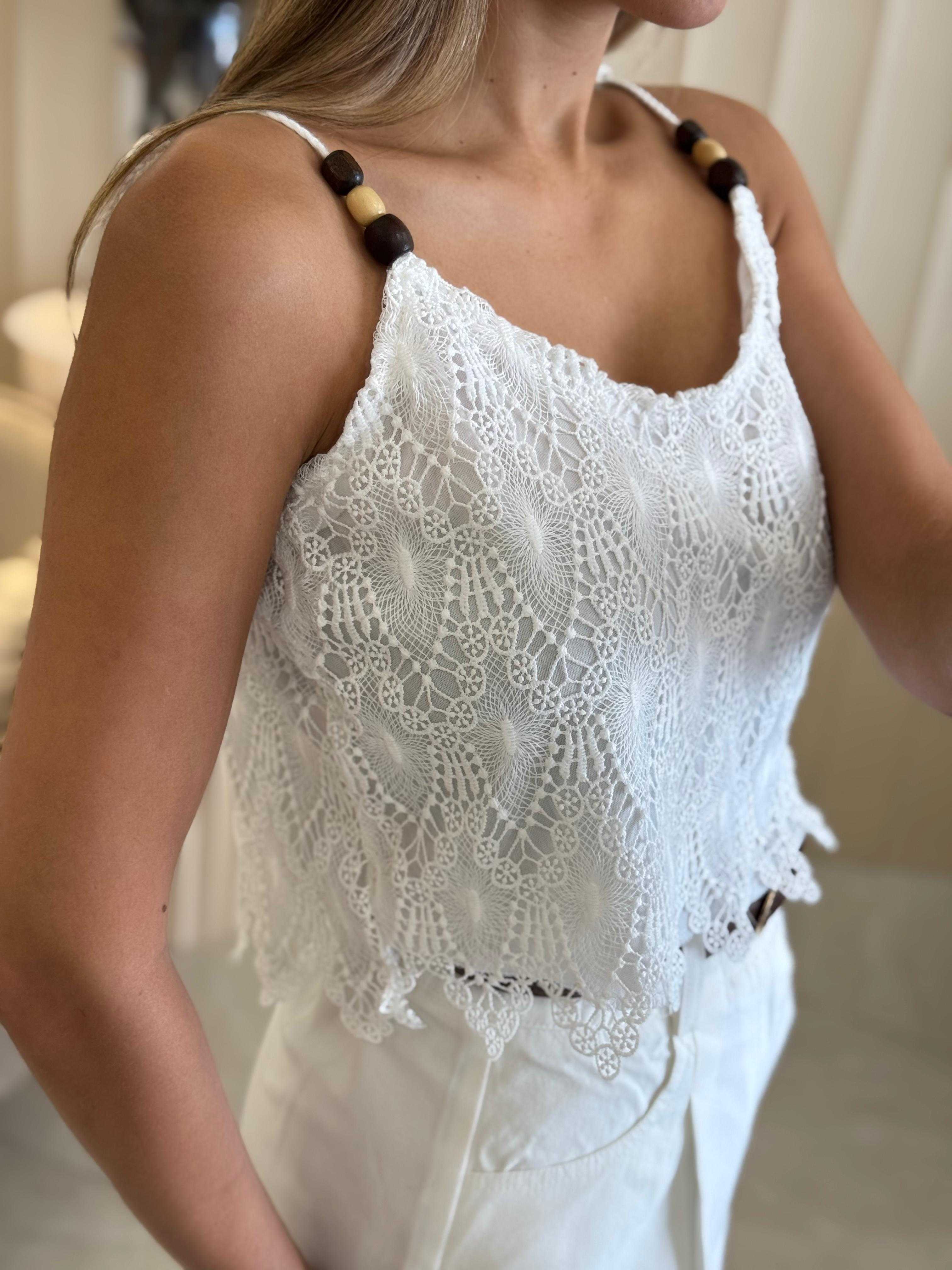 Cropped Floral Lace Camisole with Bead Detail