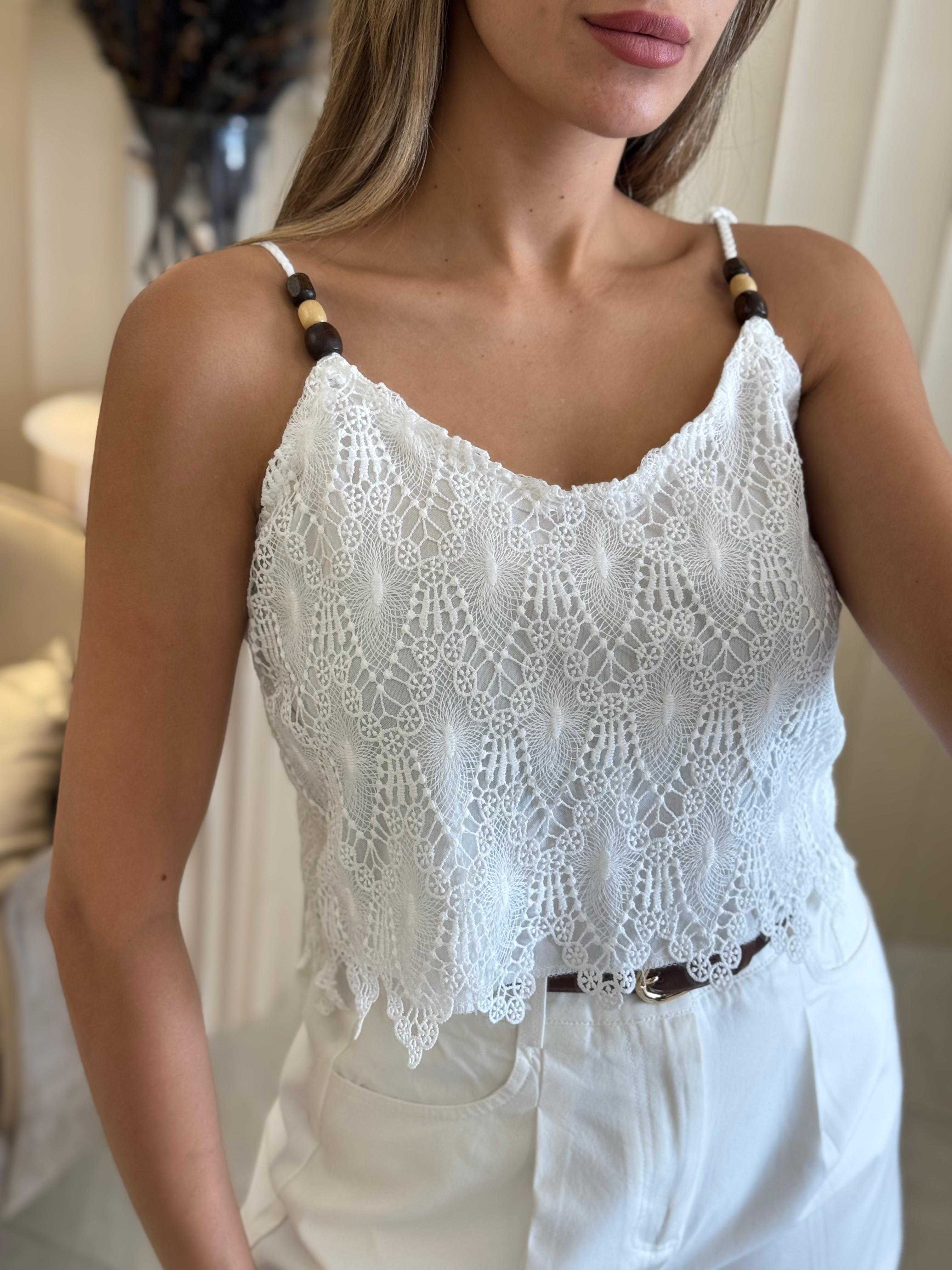 Cropped Floral Lace Camisole with Bead Detail