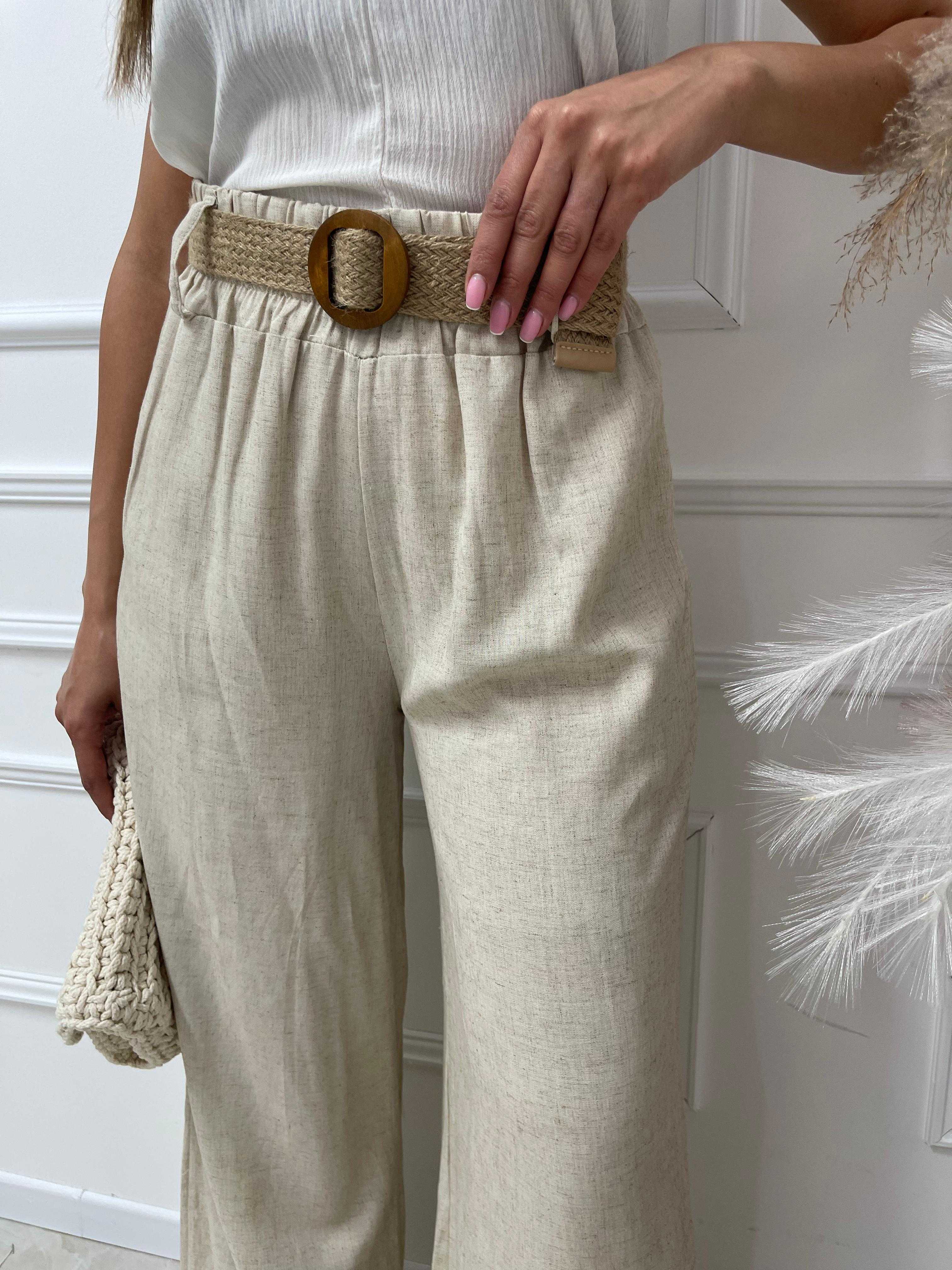 High-Waist Wide-Leg Linen Trousers with Elastic Waistband