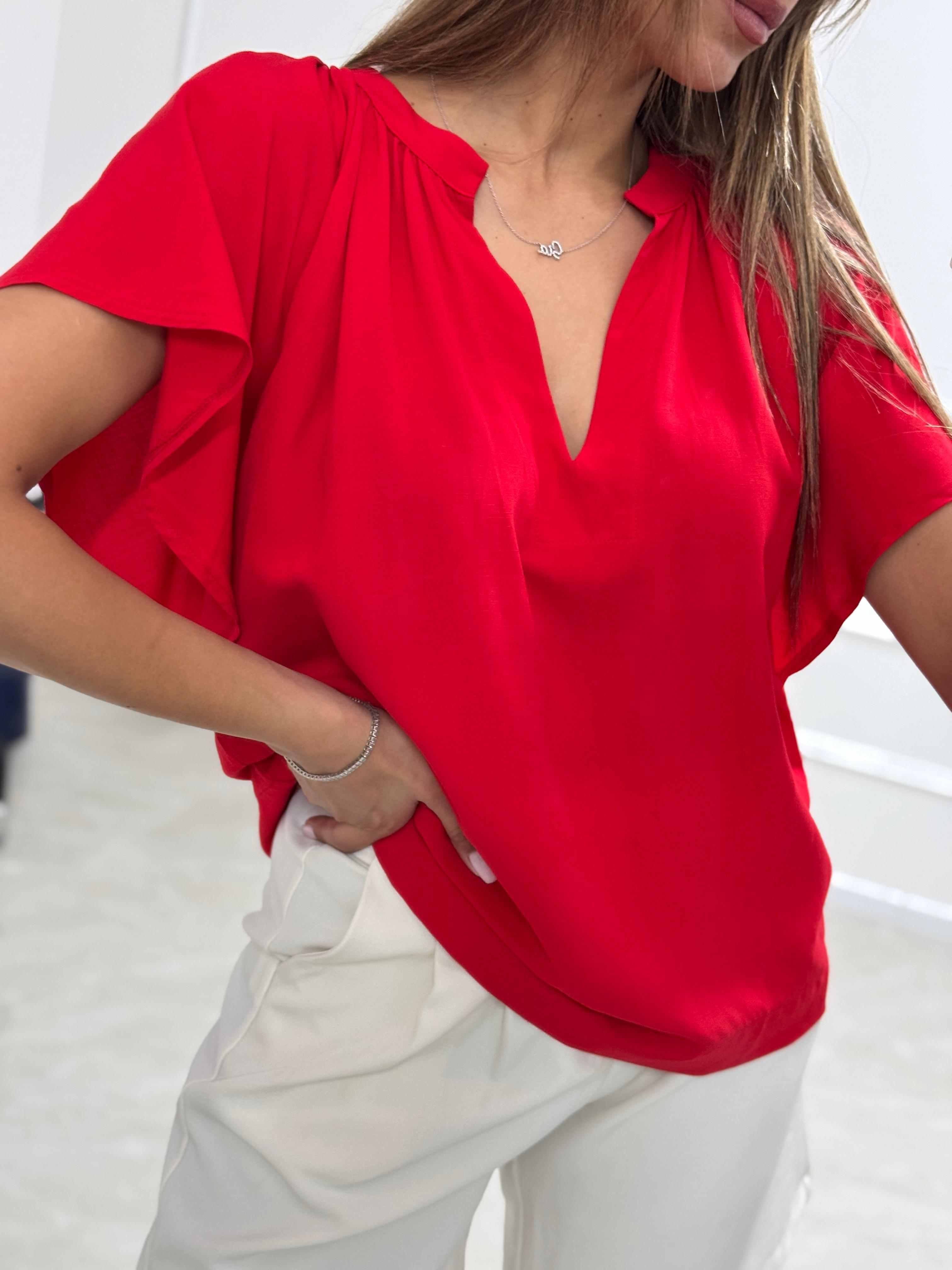 V-Neck Flutter Sleeve Blouse with Relaxed Fit