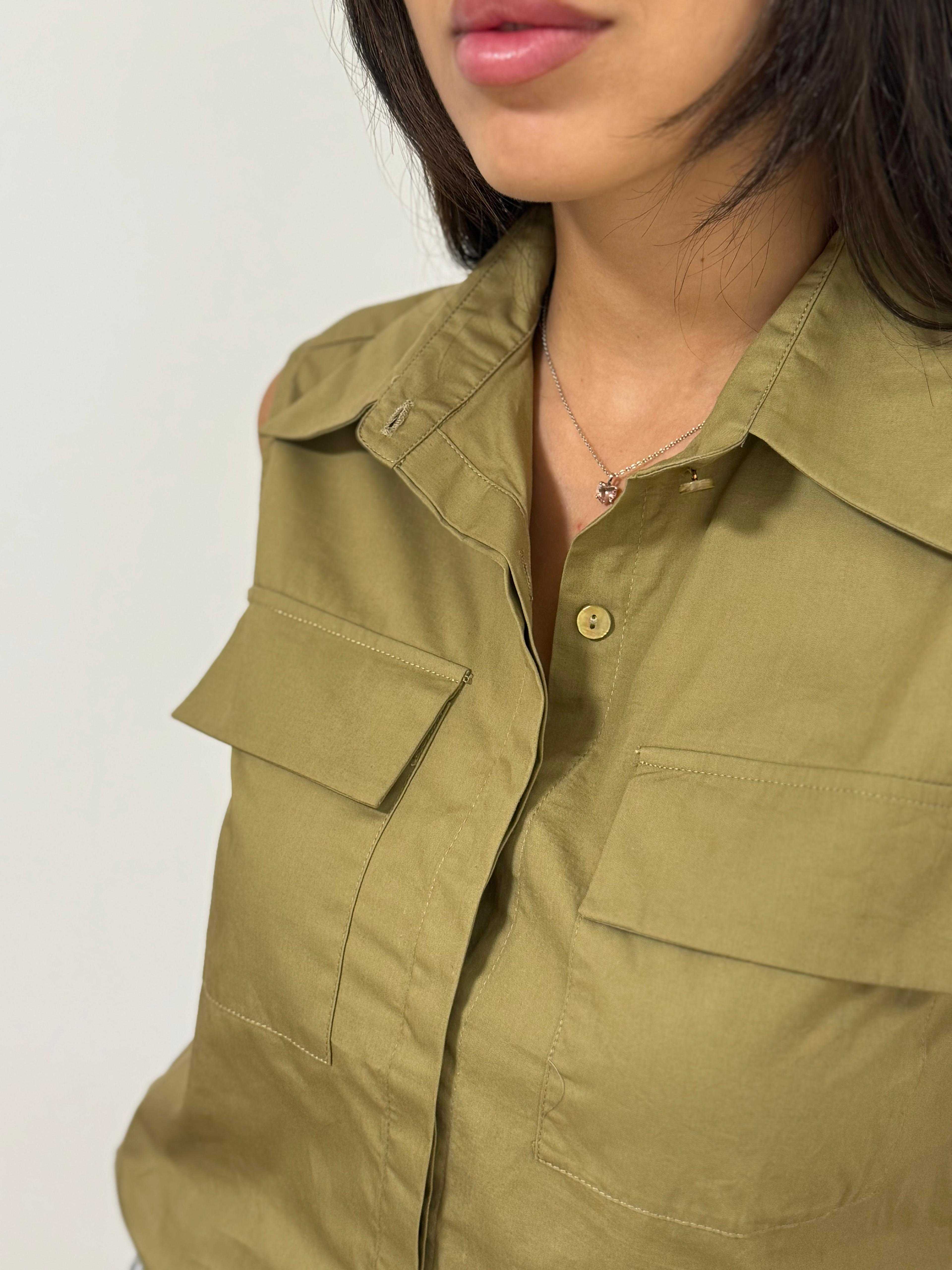 Sleeveless Utility Button-Down Shirt