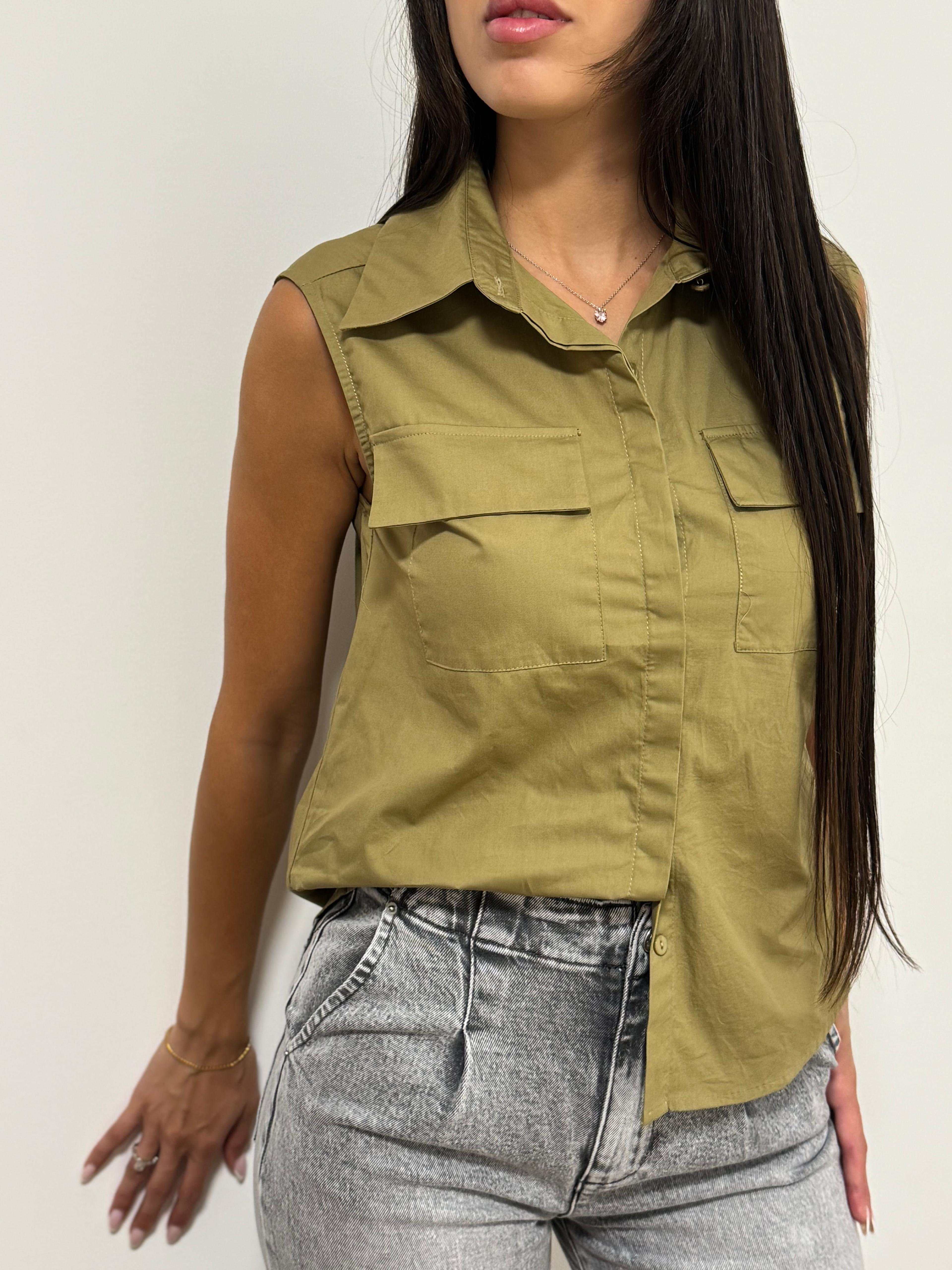 Sleeveless Utility Button-Down Shirt
