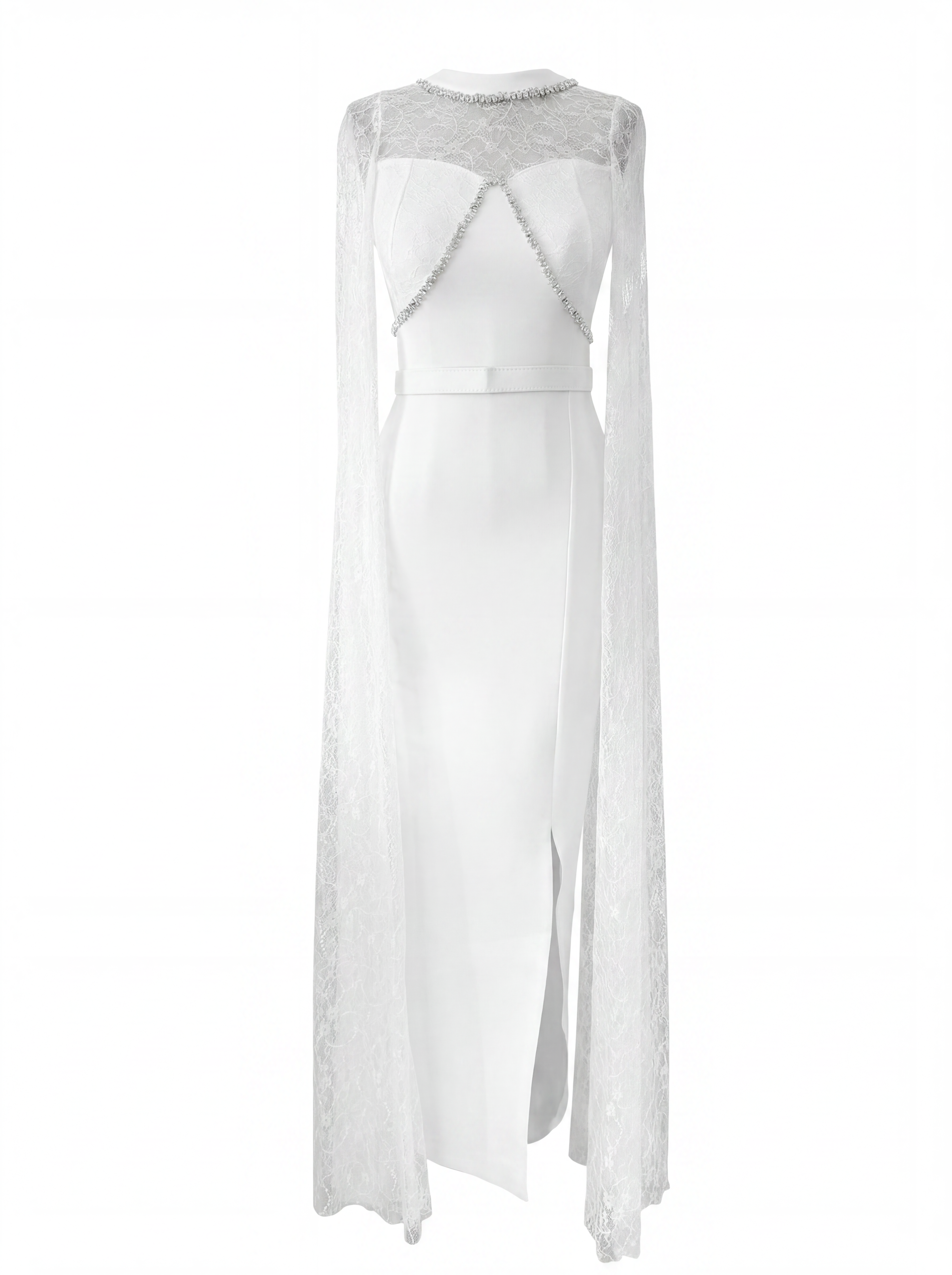 Embellished Lace Cape Column Gown