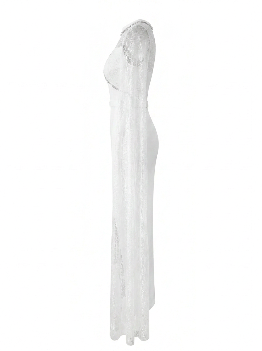 Embellished Lace Cape Column Gown