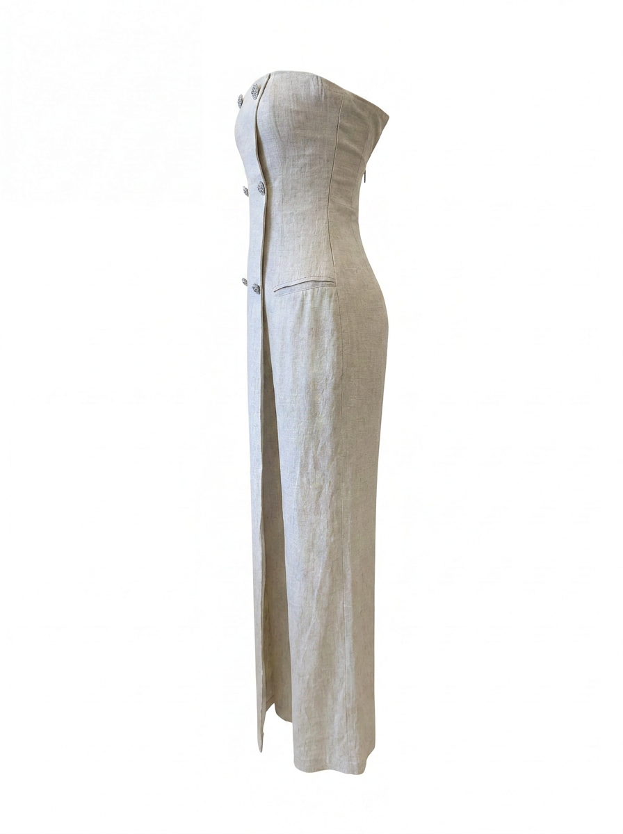Strapless Double-Breasted Linen Maxi Dress