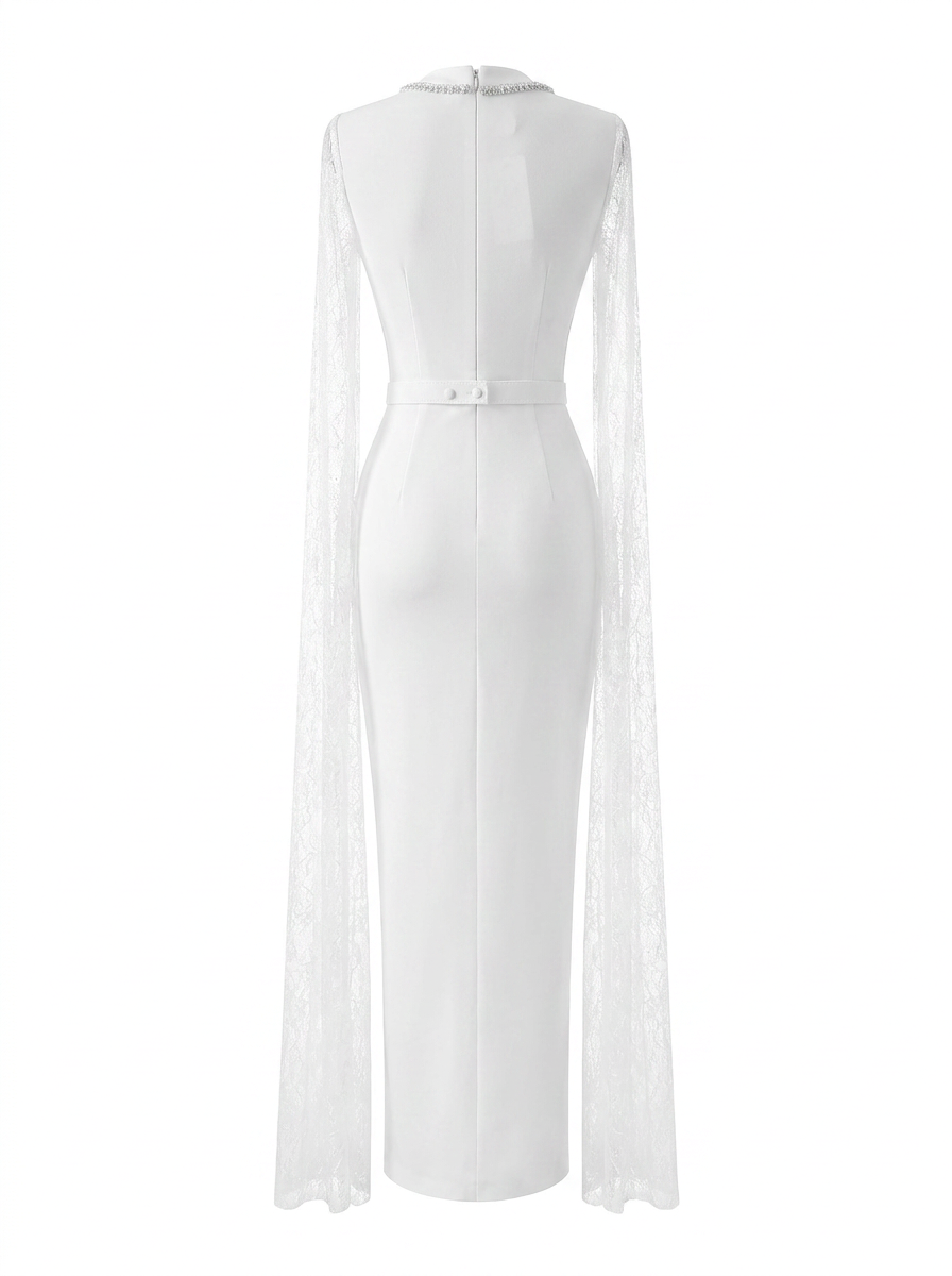 Embellished Lace Cape Column Gown
